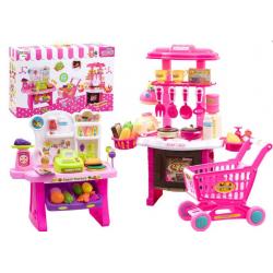 Vaikiška virtuvėlė su prekystaliu ir vežimėliu +110 vnt. priedų Rose